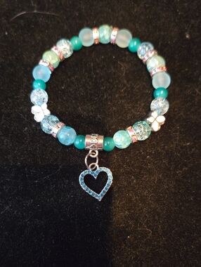 Turquoise Heart Charm Beaded Stretch Bracelet - Women Jewelry